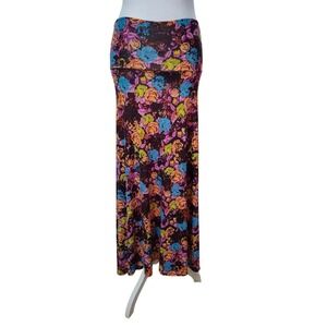 LuLaRoe MAXI Skirt Boho Brown Asymmetrical Blue Orange Pink Roses Dress 2XS XXS